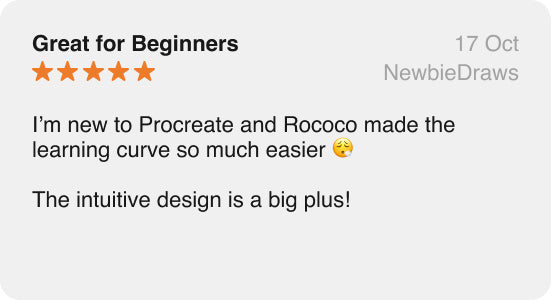 Screenshot of a Procreate artist's review celebrating the creativity unleashed by Rococo's tools