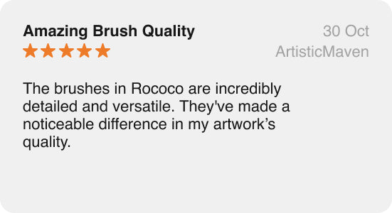 User review image expressing satisfaction with regular updates in Rococo's brush collection