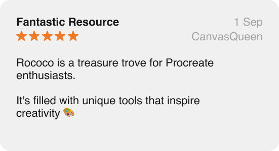 Image of a user testimonial appreciating Rococo's ease of use for Procreate beginners