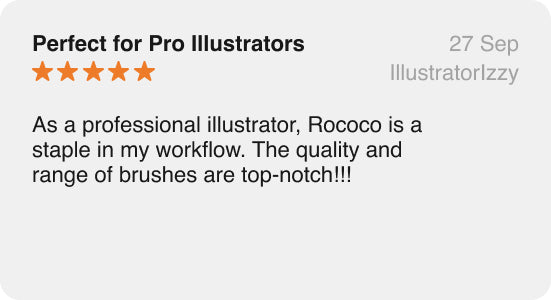 Screenshot of a 5-star review highlighting the custom brush features in Rococo