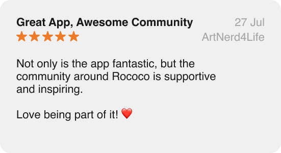 Screenshot showing a user's positive feedback on Rococo's brush quality and versatility